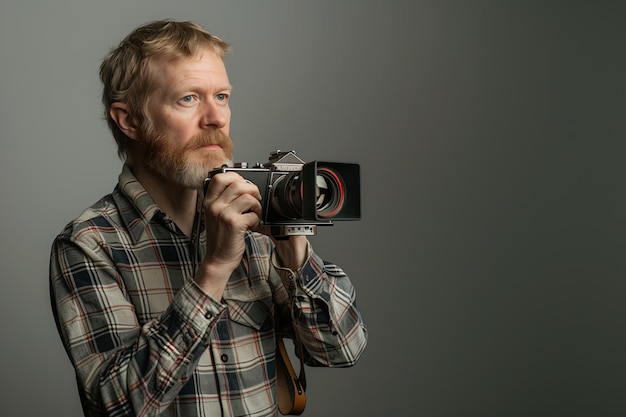 Stylish attractive cameraman in a checkered shirt holds in the hands of an old movie camera