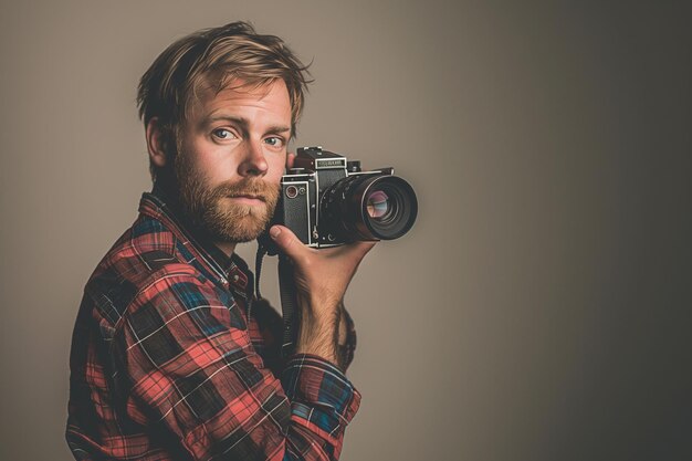 Stylish attractive cameraman in a checkered shirt holds in the hands of an old movie camera