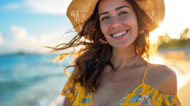 stylish attractive slim smiling woman on beach in summer style fashion trend outfit Generative AI