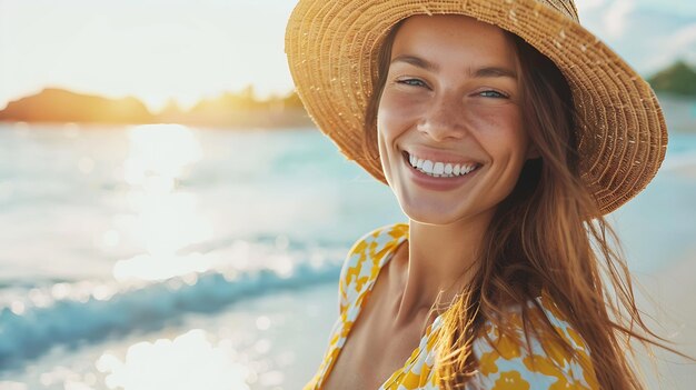 stylish attractive slim smiling woman on beach in summer style fashion trend outfit Generative AI