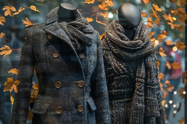 Photo stylish autumn clothing display featuring elegant outerwear and cozy knitwear in a city setting