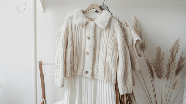 Stylish Autumn Outerwear Hanging on Hanger Against White Wall