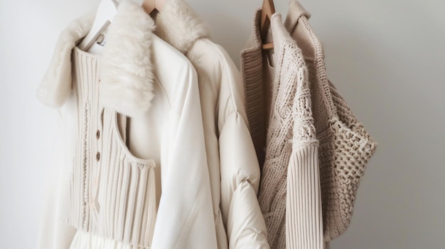 Stylish Autumn Outerwear Hanging on Hanger Against White Wall