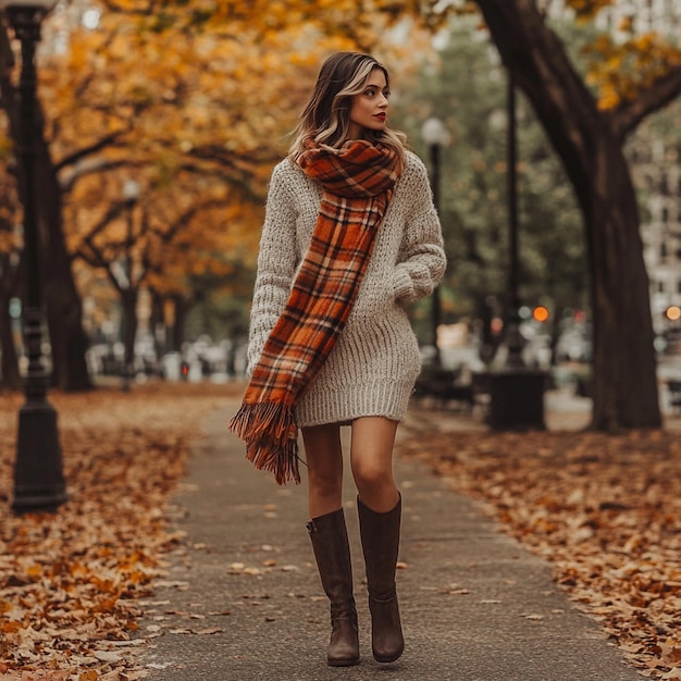 Photo stylish autumn walk in the city with a cozy knit dress and plaid scarf