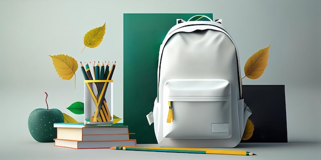 Stylish backpack with different school stationary on white table Space for text AI Generated