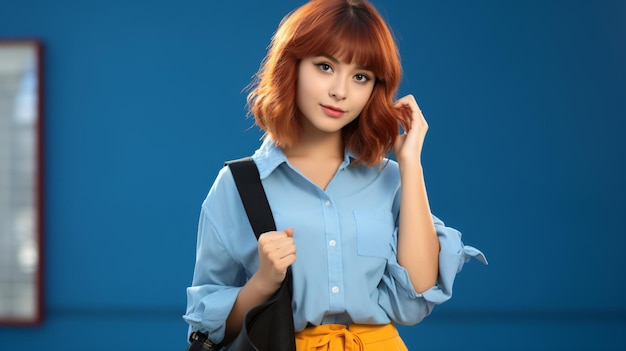 Stylish BacktoSchool Girl with Brown Short Hair Red Bag Posing against Blue Background