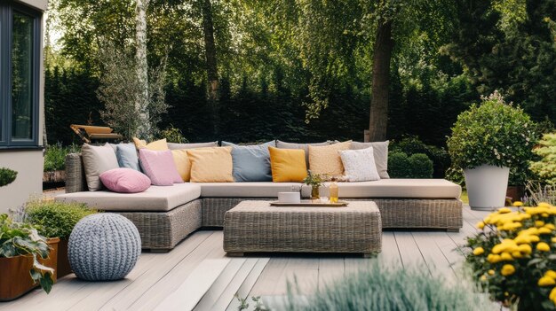 Stylish backyard patio with a sleek sectional sofa colorful cushions and a low coffee table