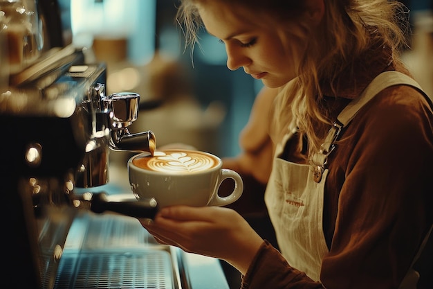 Photo stylish barista preparing a latte with intricate latte art in a trendy cafac highlighting craftsmans