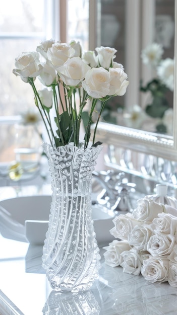 Stylish bathroom interior with white roses in a vase on the sink copy space for text