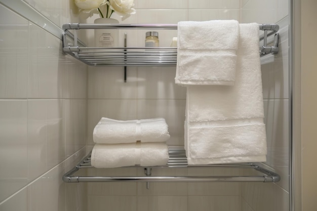 Stylish Bathroom Showcasing a Practical Shower Caddy and SpaceSaving OvertheDoor Towel Rack