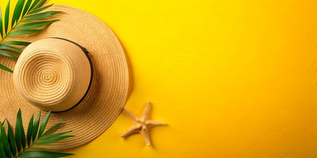 Stylish Beach Hat with Starfish and Palm Leaves on Yellow Background