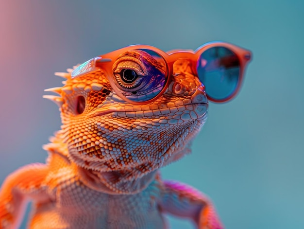 Stylish Bearded Lizard in Trendy Sunglasses on Vibrant Blue Background Representing Adventure and Fashion Trends