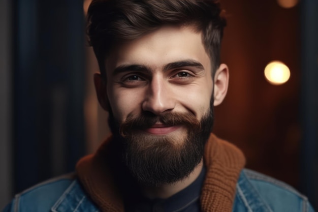 Stylish bearded man with appealing dark eyes smiling into camera having pleased expression being glad to meet his girlfriend hipster guy with beard grinning having cheerful look positive emotions