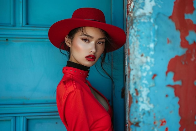 Photo stylish beautiful woman in red hat posing on blue wall