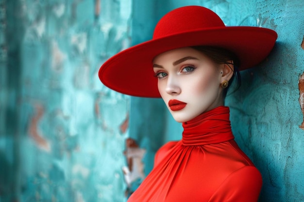 Photo stylish beautiful woman in red hat posing on blue wall