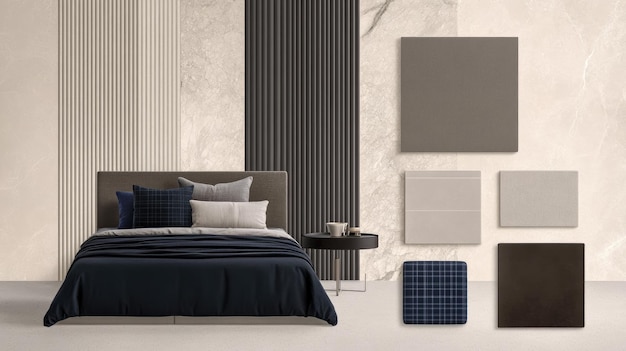 Photo a stylish bedroom design showcases black and grey elements modern furniture a marble wall and greenery for a sophisticated masculine aesthetic