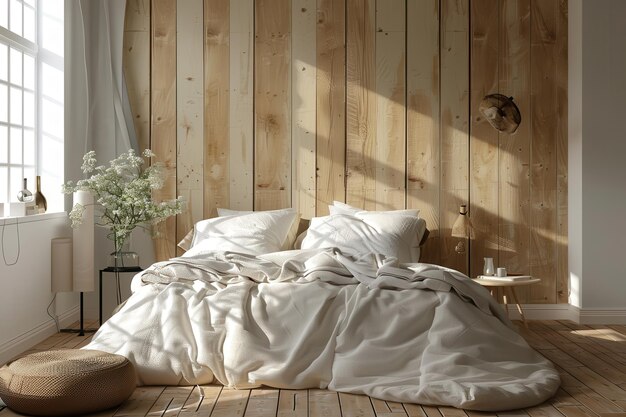 Stylish Bedroom Featuring a Wooden Accent Wall and Plush Cozy Linens