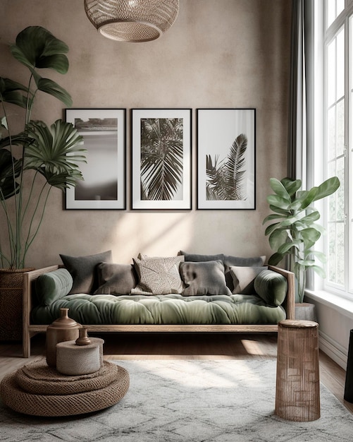 Stylish bedroom interior design in boho style with blank poster frame Generative AI