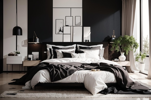 stylish bedroom interior design with black and white pillows on bed