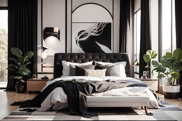 stylish bedroom interior design with black and white pillows on bed