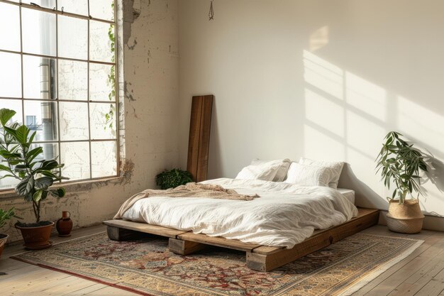 Stylish Bedroom with a Low Bed Frame and Minimalist Bedding for a Chic Atmosphere