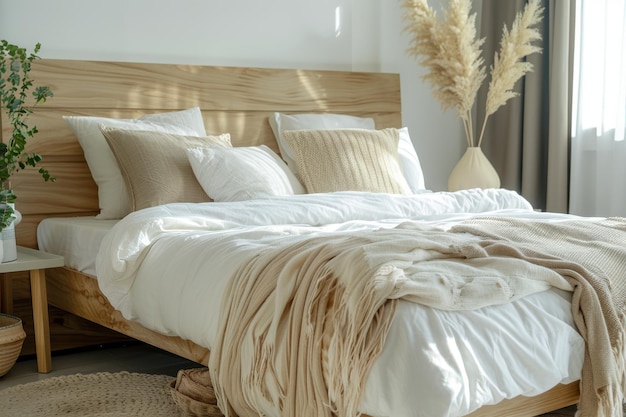 Stylish Bedroom with a Platform Bed and Luxurious Soft Neutral Bedding