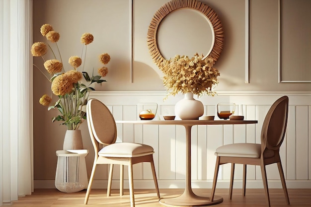 Stylish and beige interior of dining room