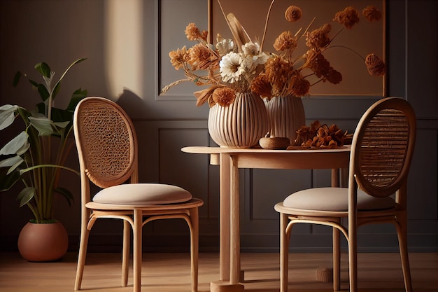 Stylish and beige interior of dining room