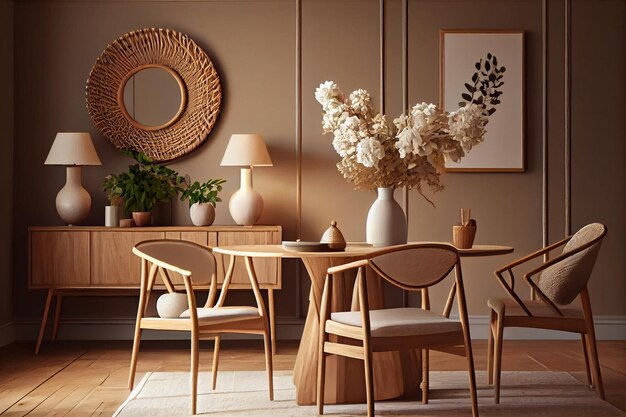 Stylish and beige interior of dining room