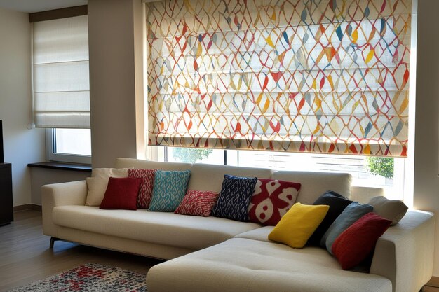 Stylish Beige Interior Featuring Colorful Geometric Patterns for Modern Living Spaces and Interior Design Inspiration