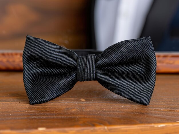 Stylish black bow tie on wooden background