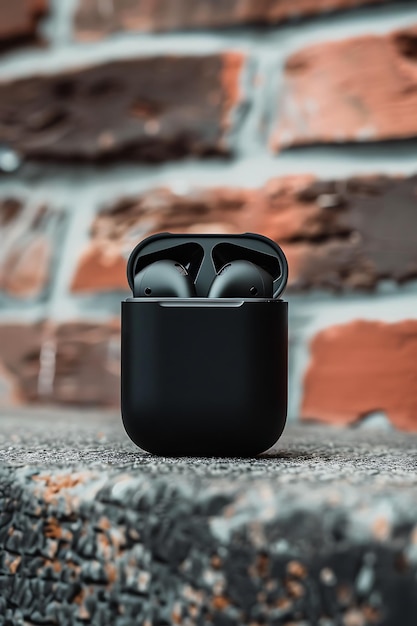 Stylish black earbuds set against a brick background