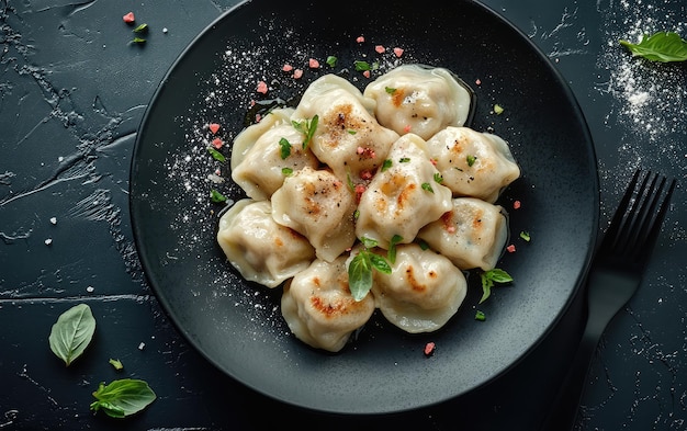 Stylish black plate with hot and delicious stuffed dumplings on a dark background in a top view