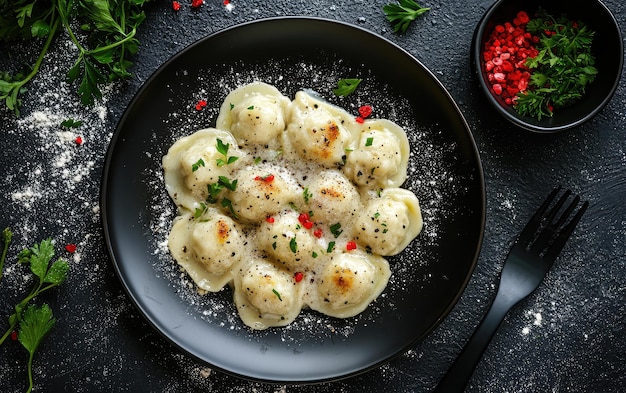 Stylish black plate with hot and delicious stuffed dumplings on a dark background in a top view