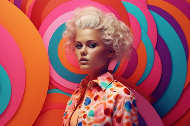 Stylish blond hair girl in fashion clothes on bright colours