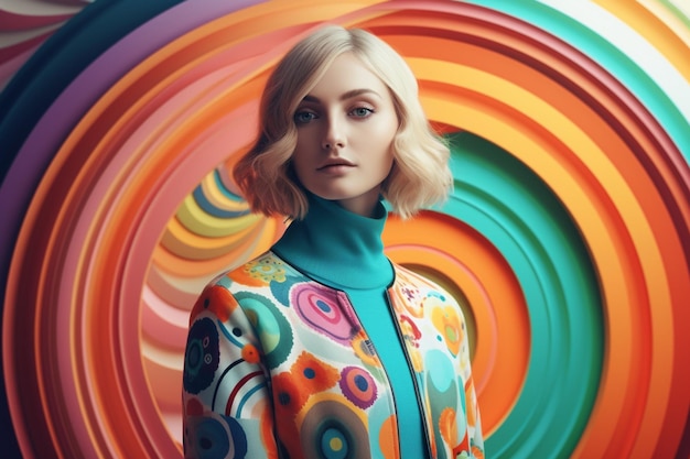 Stylish blond hair girl in fashion clothes on bright colours