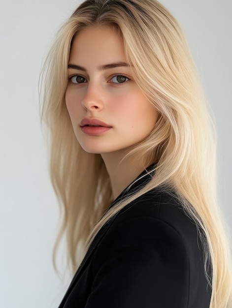 Photo stylish blonde in black jacket profile