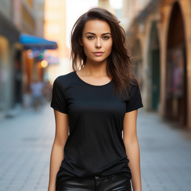 Stylish blonde girl wearing black tshirt posing against street urban clothing style