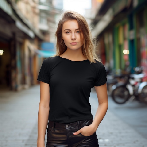 Stylish blonde girl wearing black tshirt posing against street urban clothing style