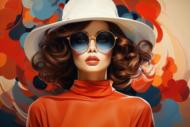 Stylish blonde hair Girl in Hat and Sunglasses Flower Background Summer Vibes Retro Cartoon Poster