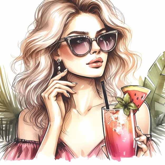 A Stylish blonde hair girl with drink in her hand Fashion woman look Sketch