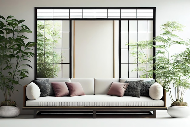 The stylish boho compostion at living room interior with design gray sofa Generative Ai