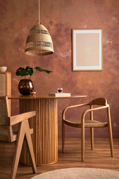 Photo stylish boho vintage dining room interior with poster mock up round table with rattan armchair vase with dried flowers and cup brown wall and rattan lamp mock up poster template