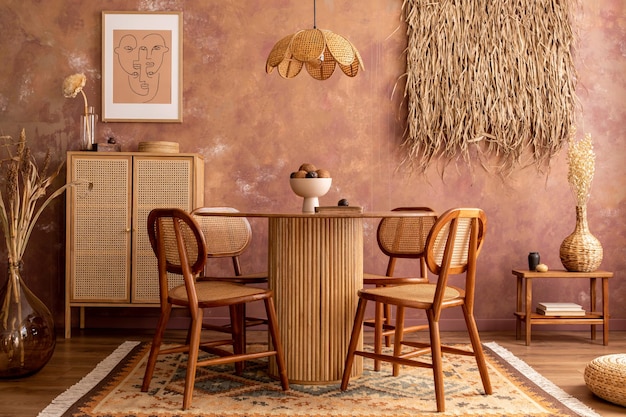 Stylish boho vintage dining room interior with poster mock up Round table with rattan chair commode and plants Brown wall and rattan lamp Mock up poster Template