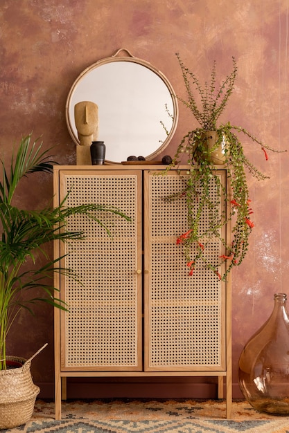 Stylish boho vintage dining room interior with rattan commode round mirror plants and personal accessories Brown wall Template