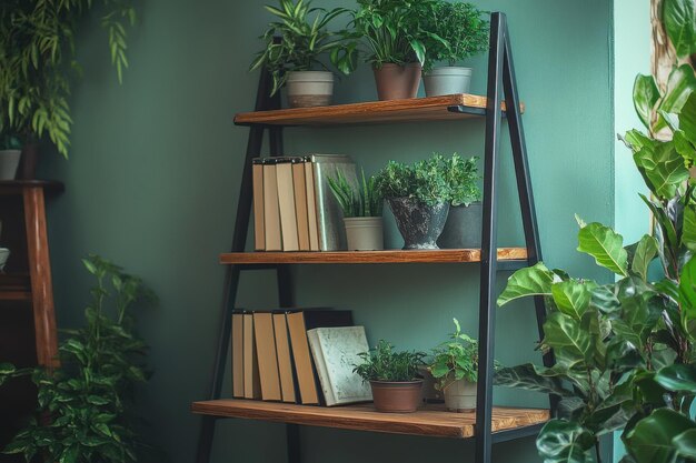 Photo stylish bookshelf with plants and books arranged on wooden shelves against a green wall