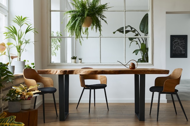 Stylish and botany interior of dining room with design craft wooden table, chairs, a lof of plants, big window, poster map and elegant accessories in modern home decor. Template.