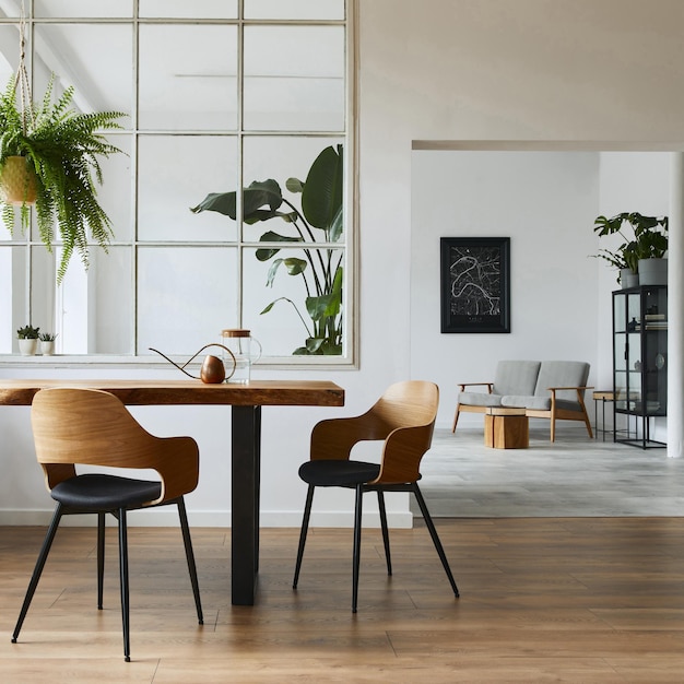 Stylish and botany interior of dining room with design craft wooden table, chairs, a lof of plants, window, poster map and elegant accessories in modern home decor. Template.