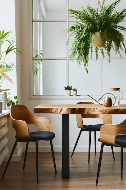 Stylish and botany interior of dining room with design craft wooden table, chairs, a lof of plants