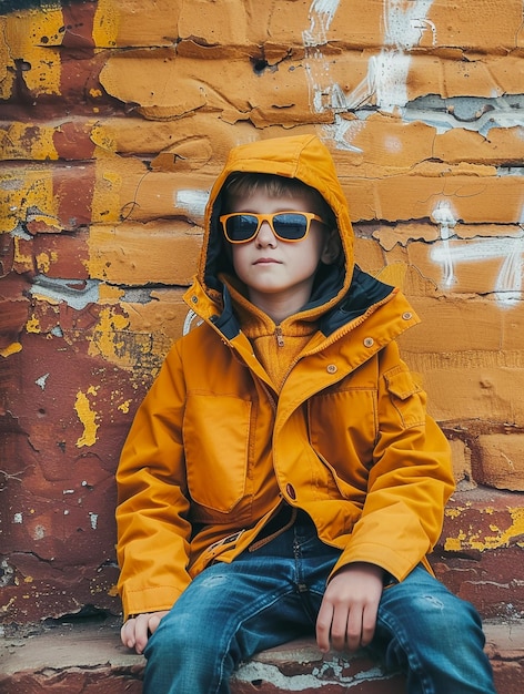 Photo stylish boy in yellow jacket and sunglasses against urban graffiti background